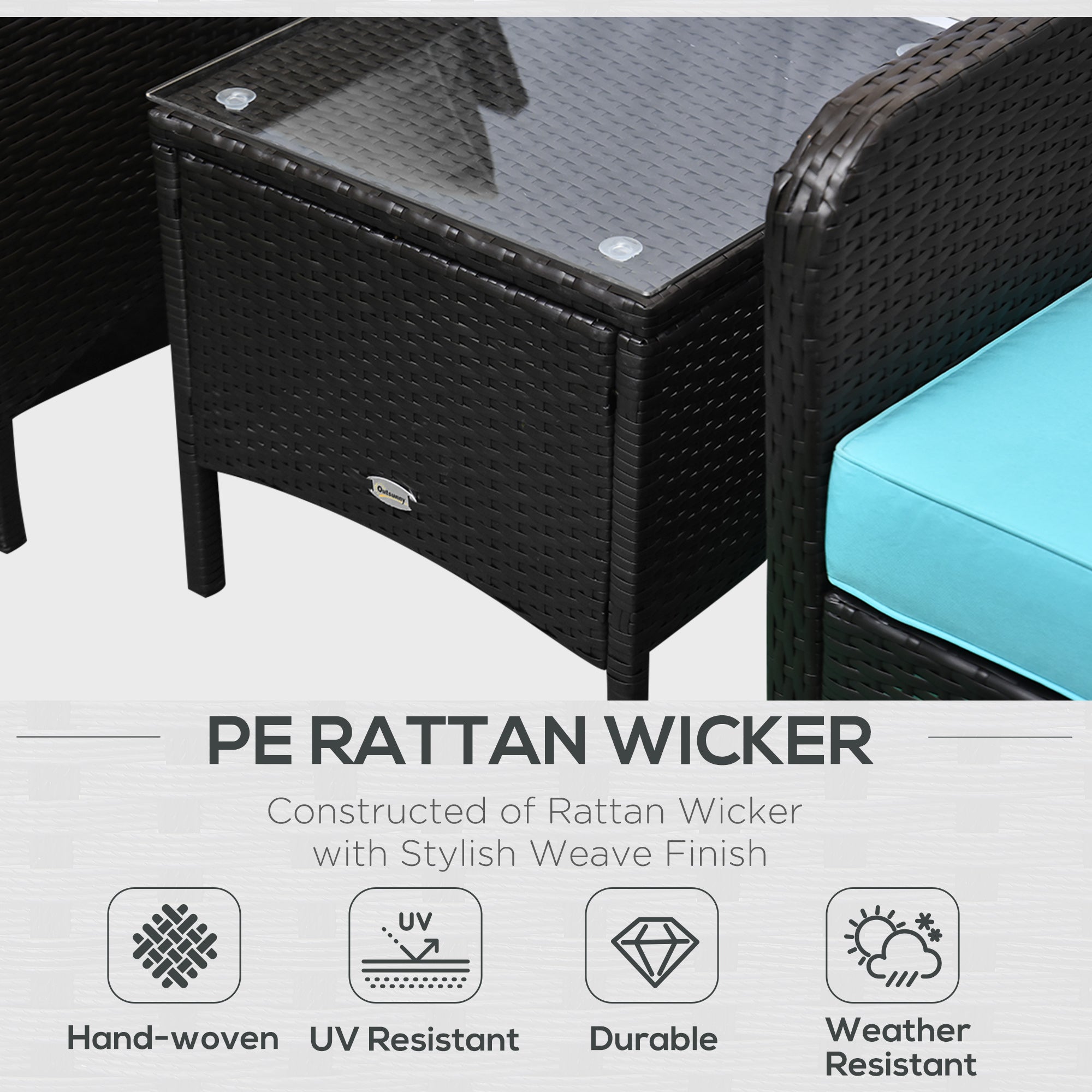 Outsunny 5pc Patio Rattan Coffee Set Garden Wicker Bistro Ottoman Yard Sofa Armchairs Tea Table Brown