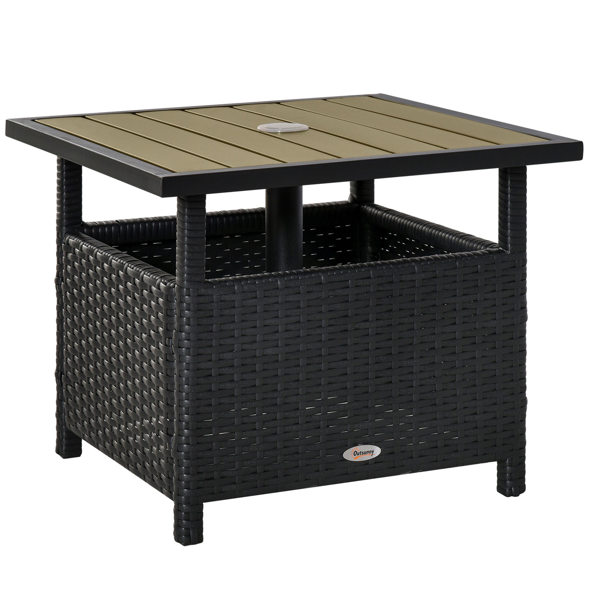 Outsunny 22" Square Steel PE Rattan Wicker Table With Umbrella Hole Patio Dining Side Table Used as Umbrella Stand Black