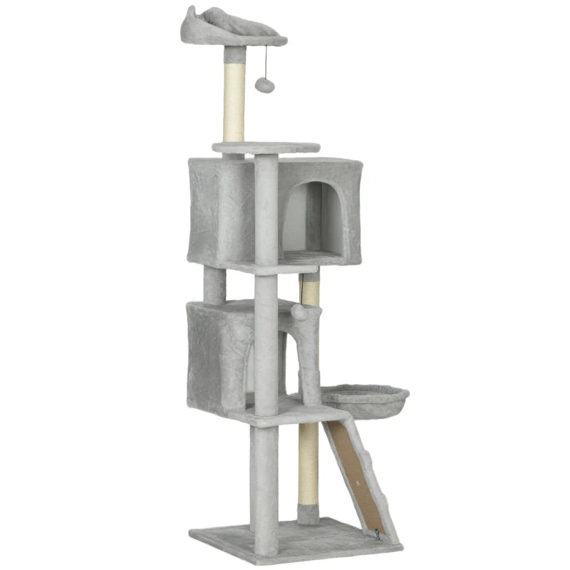 63 Inch Cat Tree with Sisal Scratching Posts, Condos, Plush Perches, Hammock, Ladder, Dangling Balls, Light Grey