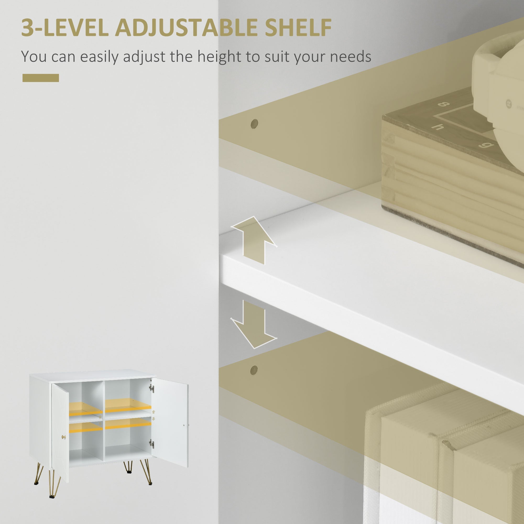 HOMCOM Chic Storage Sanctuary: White Cabinet with Golden Hairpin Legs, Freestanding Cupboard, Adjustable Shelves