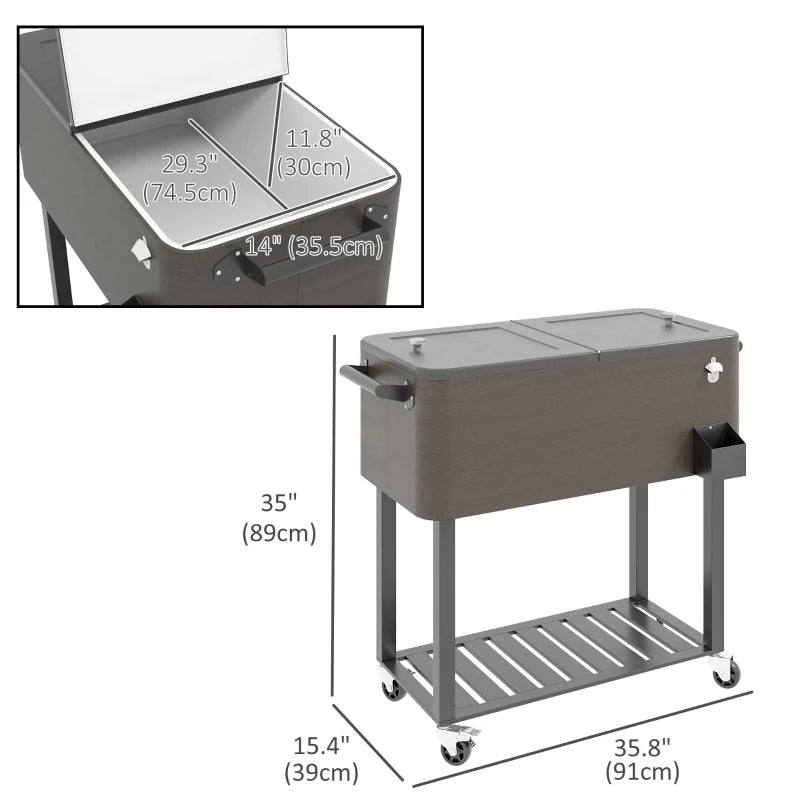 Outdoor Beverage Cooler Bar Cart, 67-Qt Patio Cooler Cart Rolling Ice Chest with Shelf, Bottle Opener and Wheels, Grey