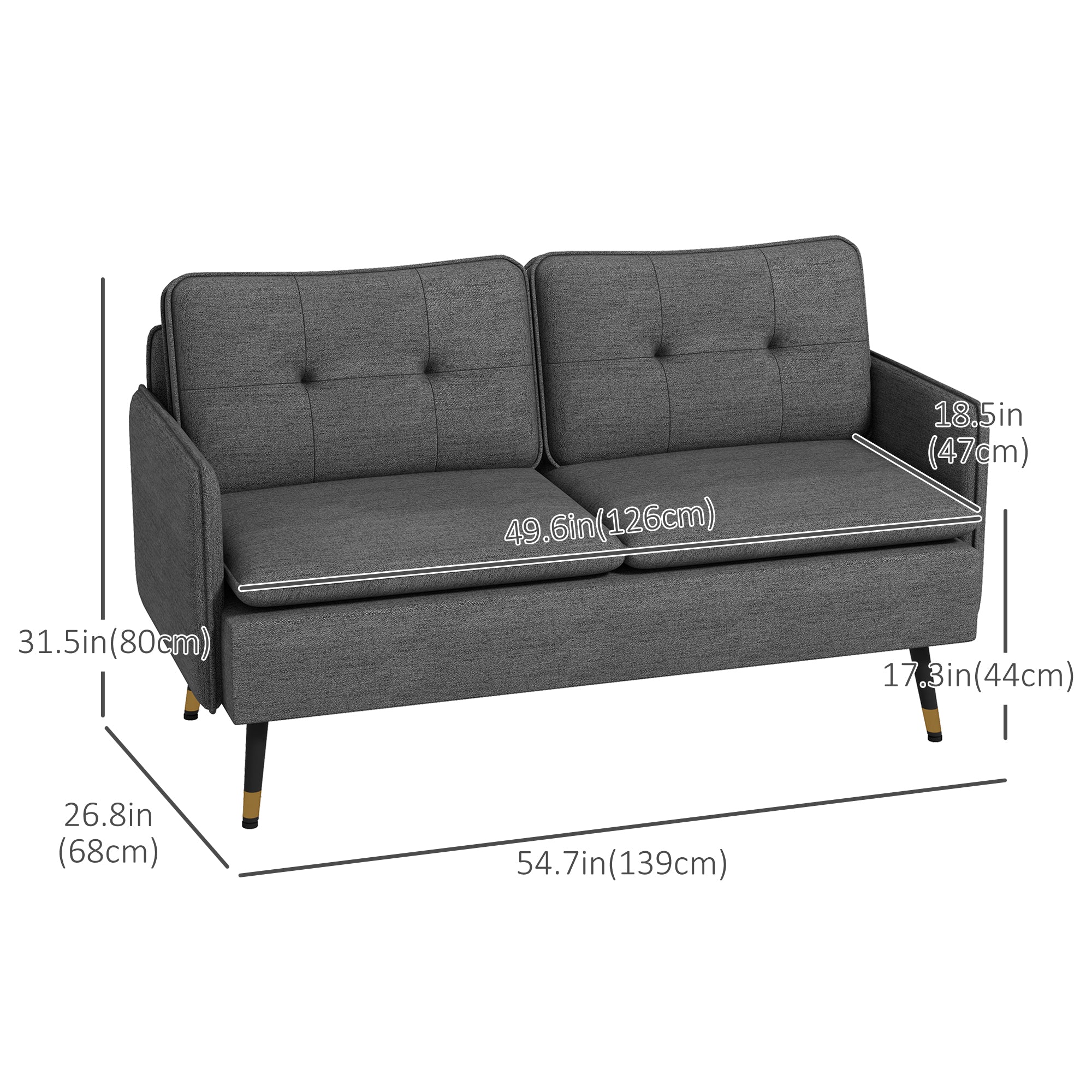 HOMCOM Modern 55" Fabric Loveseat Sofa Button Tufted Back Steel Legs Bedroom Living Room Dark Grey