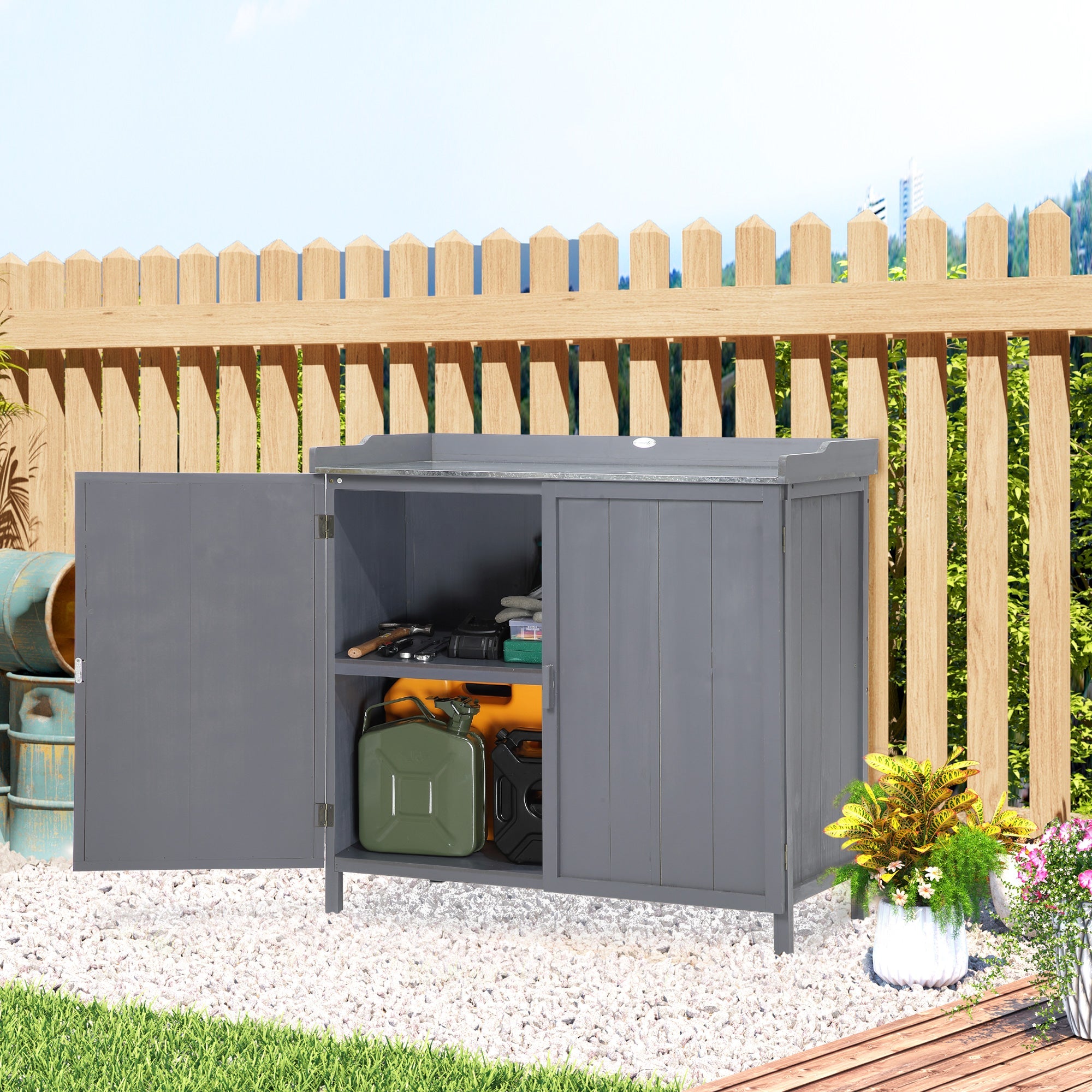 Outsunny Garden Storage Cabinet, Outdoor Potting Bench Table with Galvanized Top and Shelf, Tool Shed with Double Doors, Grey