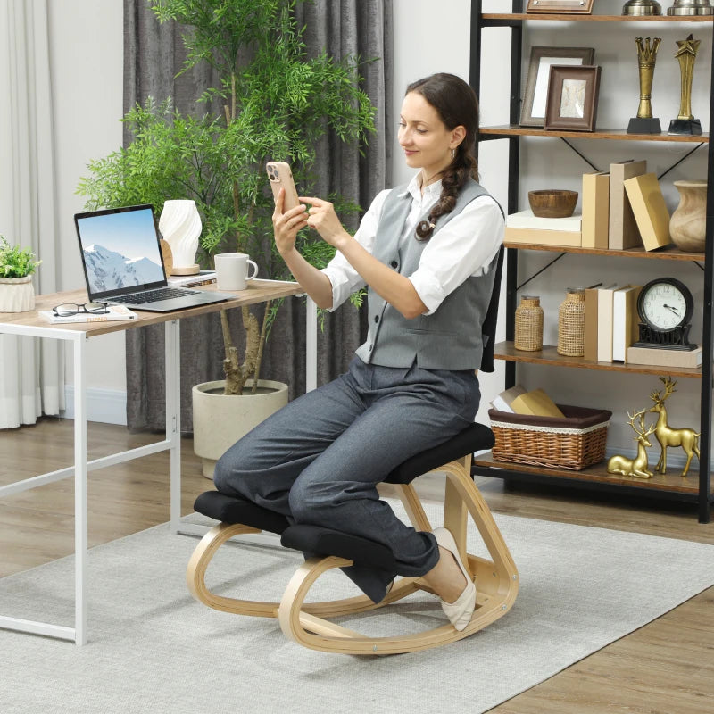 Ergonomic Kneeling Chair, Rocking Wood Kneel Stool with Backrest for Improve Posture, Back Pain, Black