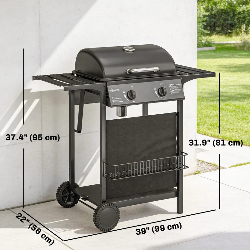 Outsunny 2-Burner Propane Gas Grill, 18000 BTU BBQ Grill with Wheels, Warming Rack, Shelf, Thermometer, Grease Cup, Black