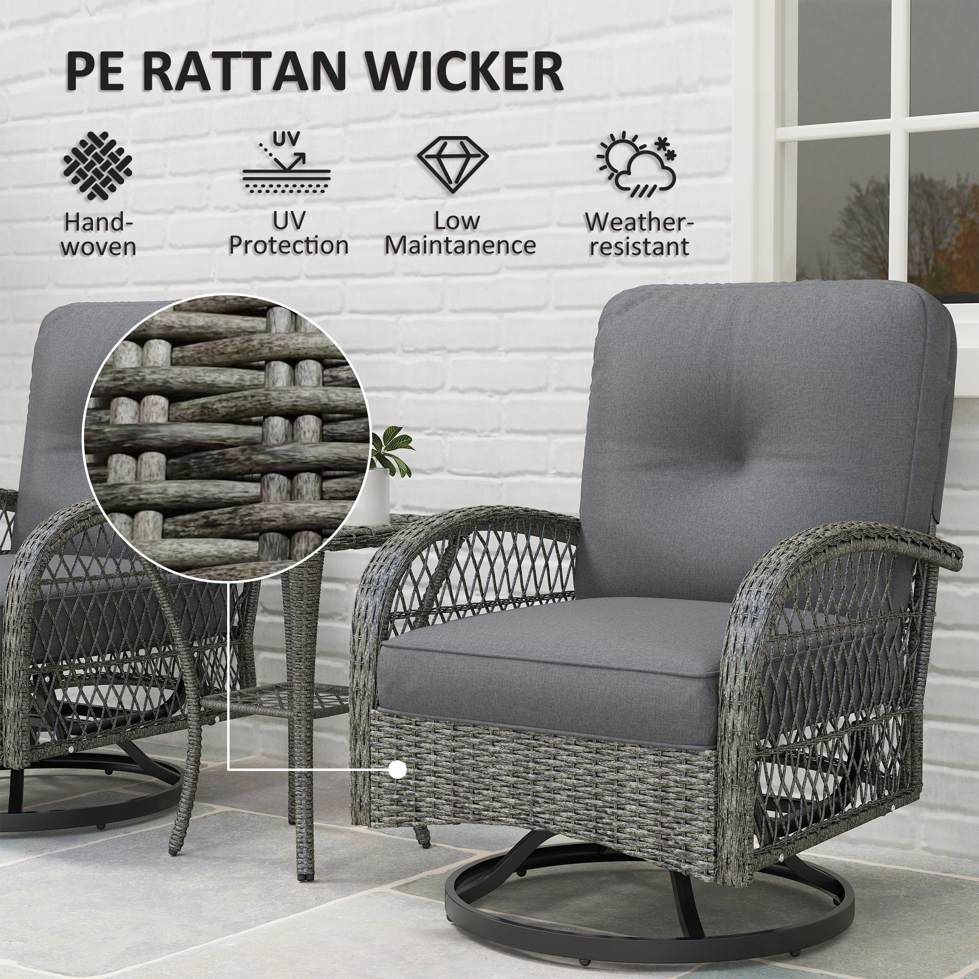 Outsunny Wicker Balcony Furniture with 2 Swivel Glider Chairs and 2-Tier Glass Coffee Table, 3 Piece Patio Set for Porch, Grey