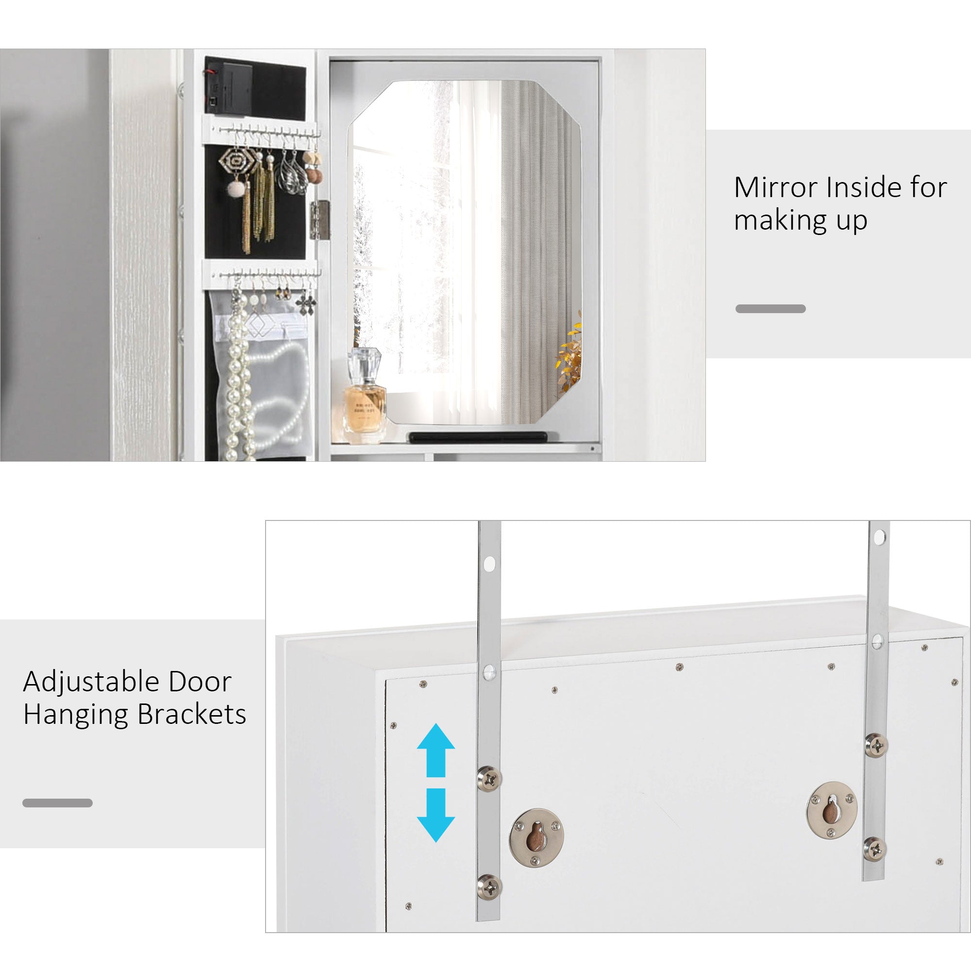 HOMCOM Wall-Mount Jewelry Cabinet: With 18 LED Lights, Mirror, 3 Adjustable Heights, White