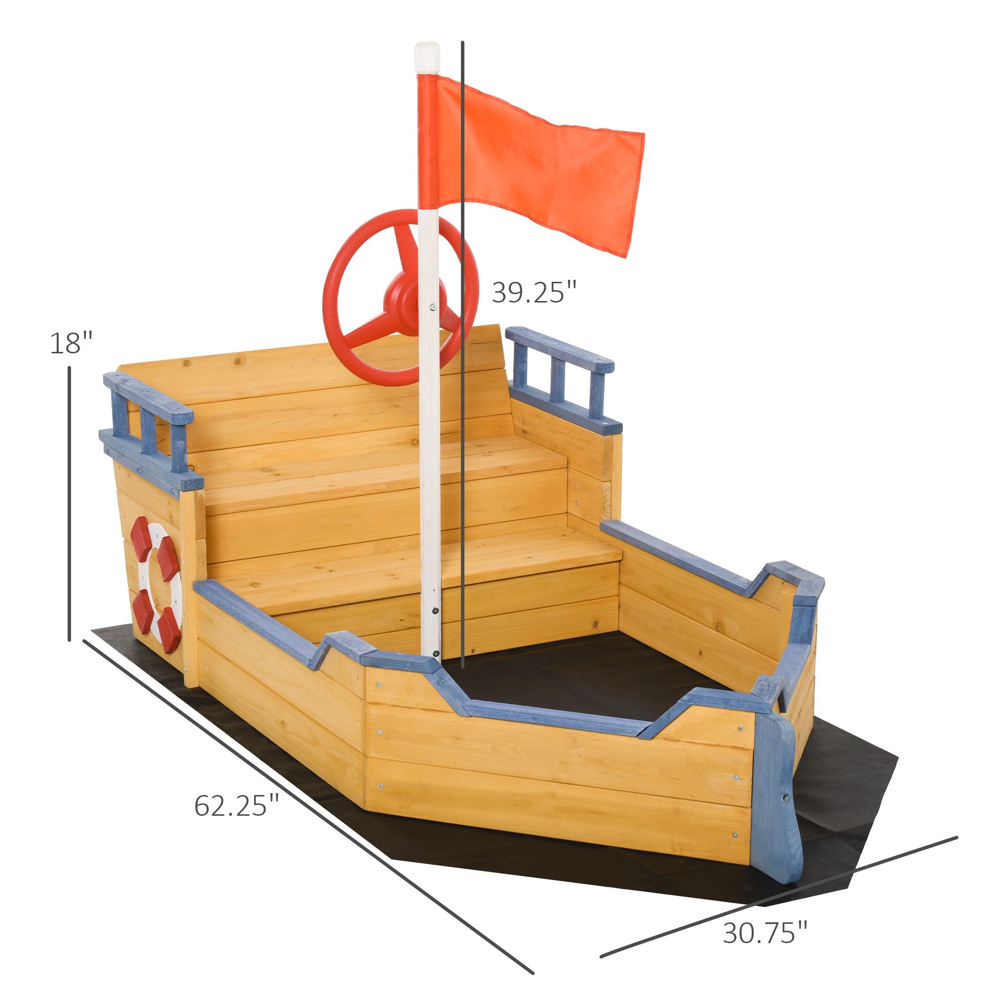 Outsunny Pirate Ship Sandbox Wooden Outdoor Playset for Kids Backyard Play Station Bench Seat Storage Flag