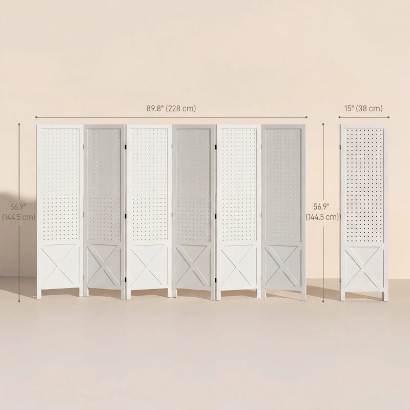 56.9" 6 Panel Wooden Room Divider with Pegboard Display, Folding Privacy Screen for Home Office, White