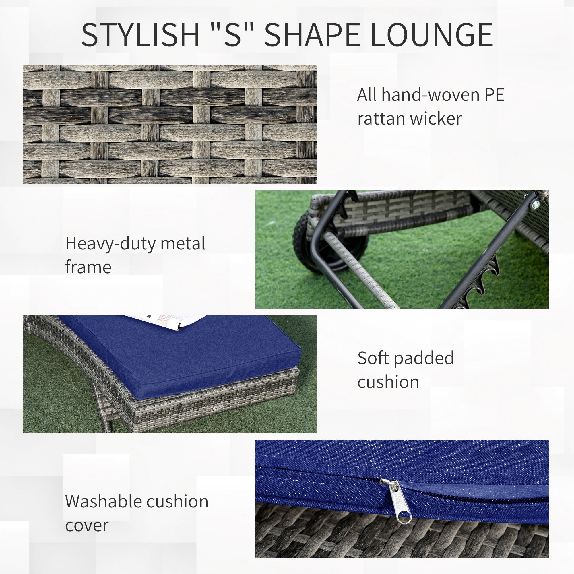 Outsunny Adjustable Wicker Chaise Lounge Chair Outdoor with Cushion Wheels for Patio Deck Poolside Dark Blue