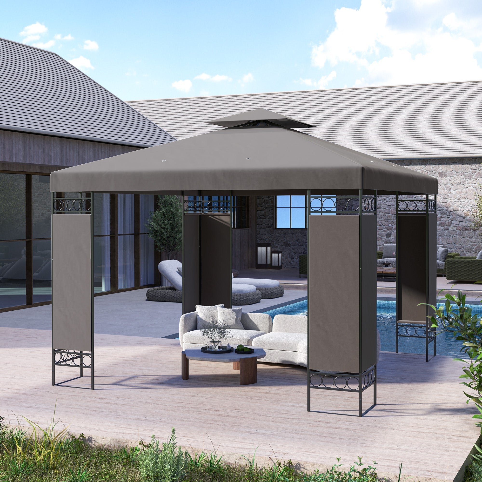 Outsunny 10 x 10 FT Canopy Gazebo, Double Roof Patio Gazebo with Screen Panels and Metal Frame for Deck, Backyard, Khaki