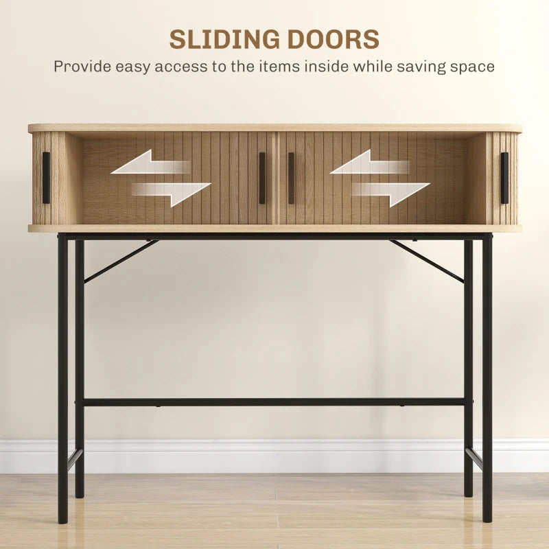 Mid-Century Narrow Console Table with Slatted Tambour Sliding Doors, Entryway Table with Steel Legs, Oak and Black