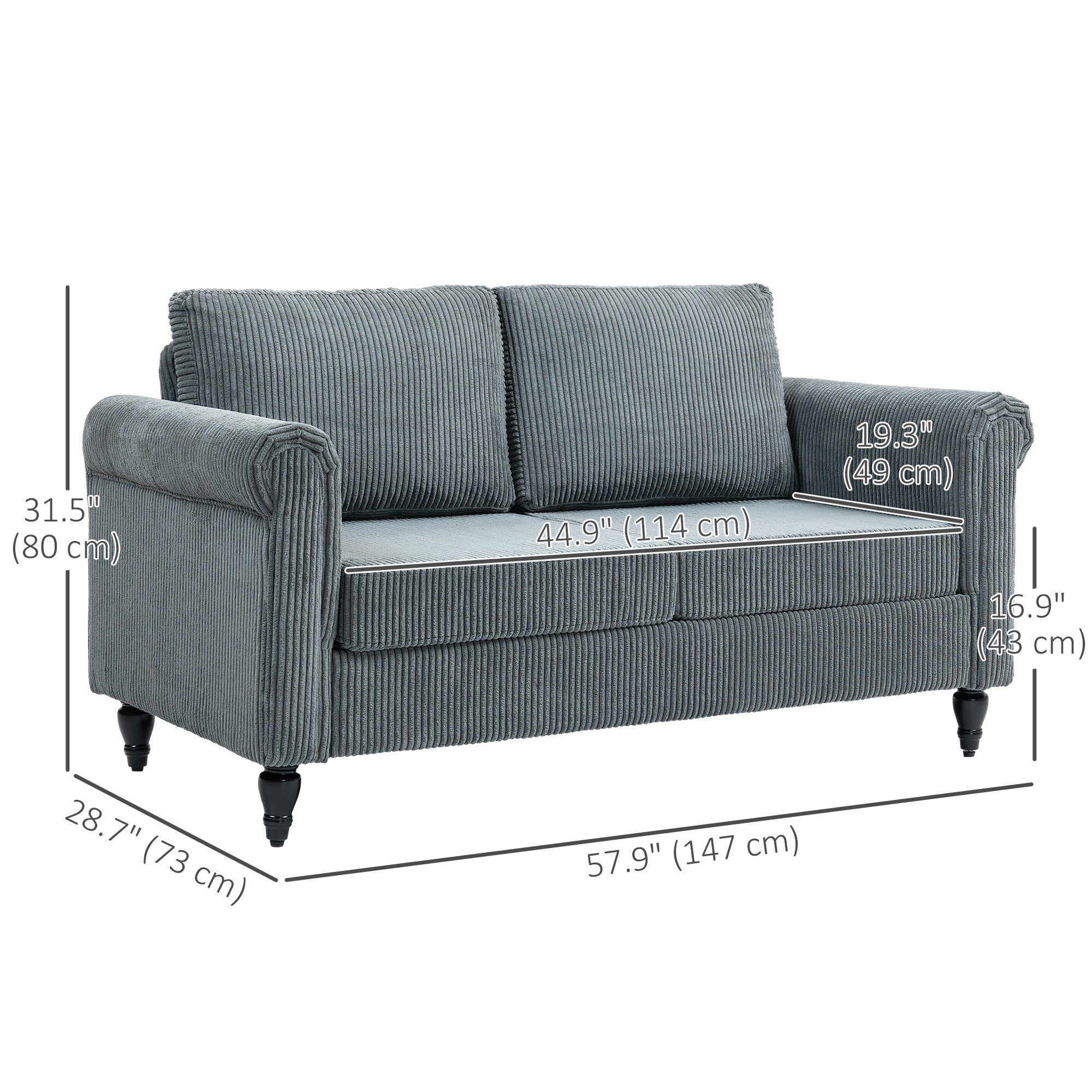 HOMCOM Vintage Loveseat, Upholstered Love Seat Furniture, Fabric 2 Seater Sofa with Rolled Arms, Rubber Wood Legs, Grey