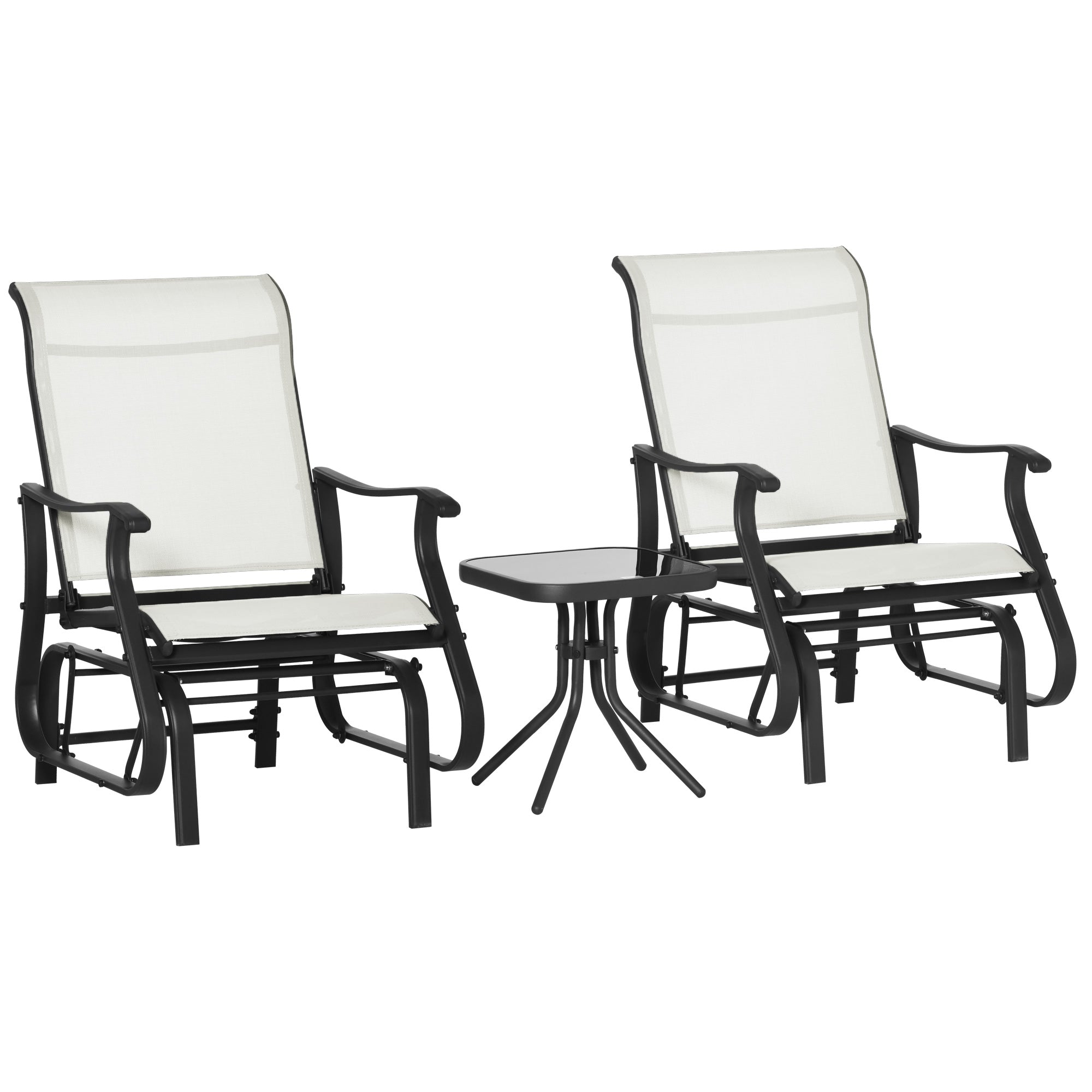 Outsunny 3PCs Gliding Chair Set with Bistro Square Glass Top Tea Table 2 Glider Rocking Chairs Garden Patio Cream White