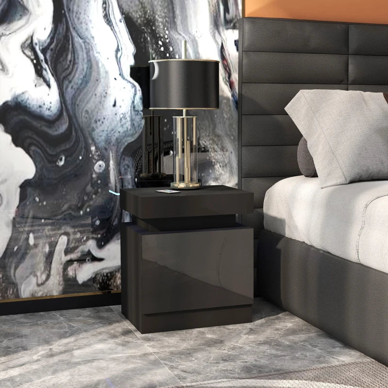 Nightstand, Bedside Table with LED Lights and 2 Drawers for Bedroom, Living Room, Black