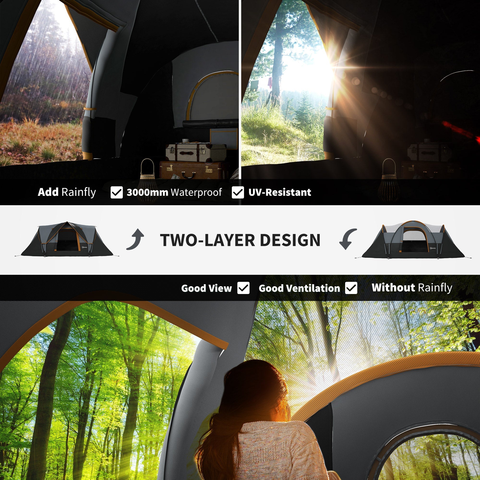 Outsunny Family Camping Tent for 5-6 Person with Lighting Hook & Carrying Bag in Cream