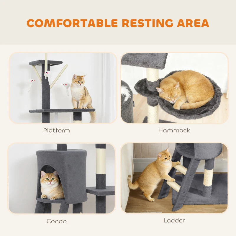 53" Cat Tree Tower, Kitten Activity Centre with Scratching Posts, Condo, Perches, Ladder, Hammock, Dangling Toys, Dark Grey