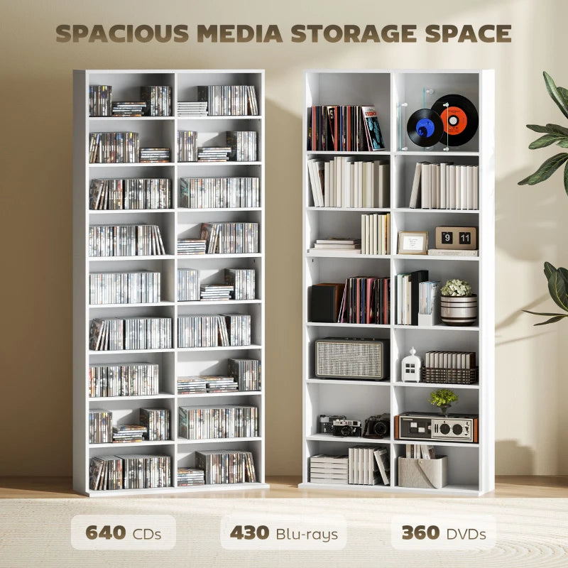 9-Tier DVD Shelf with 18 Compartments and 14 Adjustable Shelves, Holds 640 CDs, 360 DVDs or 430 Blu-rays, White