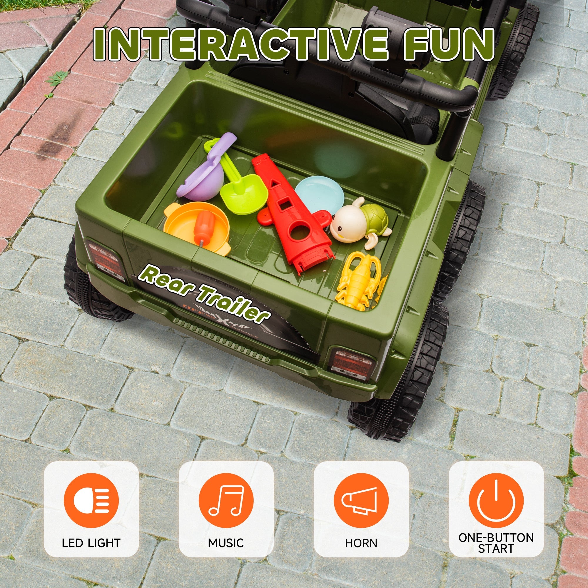 Qaba 12V 4WD/2WD Kids Electric Car w/ Remote Control, Spring Suspension, Back Trailer, Light, Music, Soft Start, Dark Green