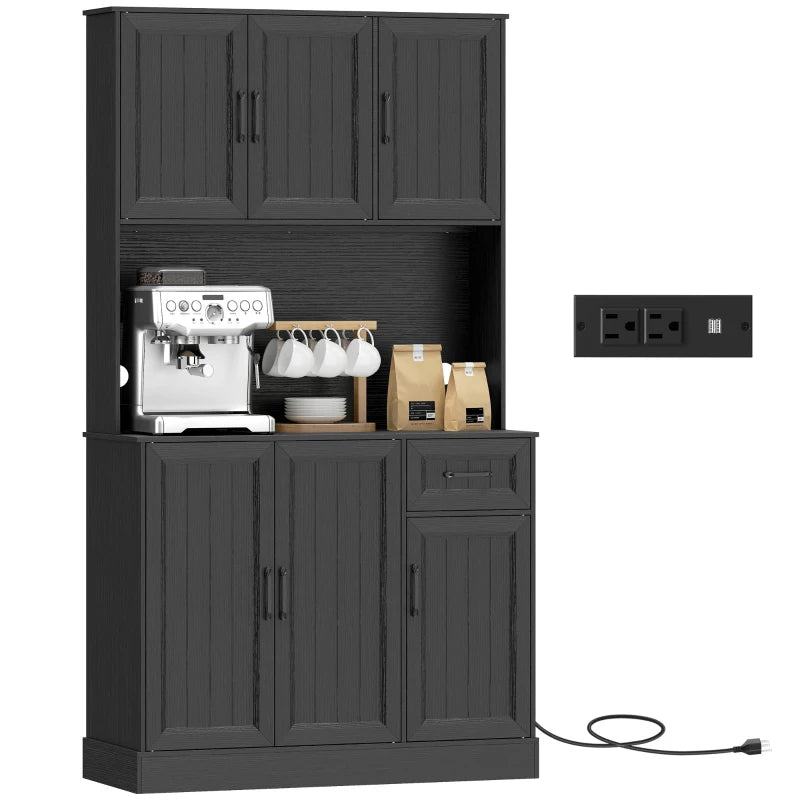 71" Pantry Cabinet with Charging Station, Kitchen Storage Cabinet with Microwave Stand, Adjustable Shelves, Black