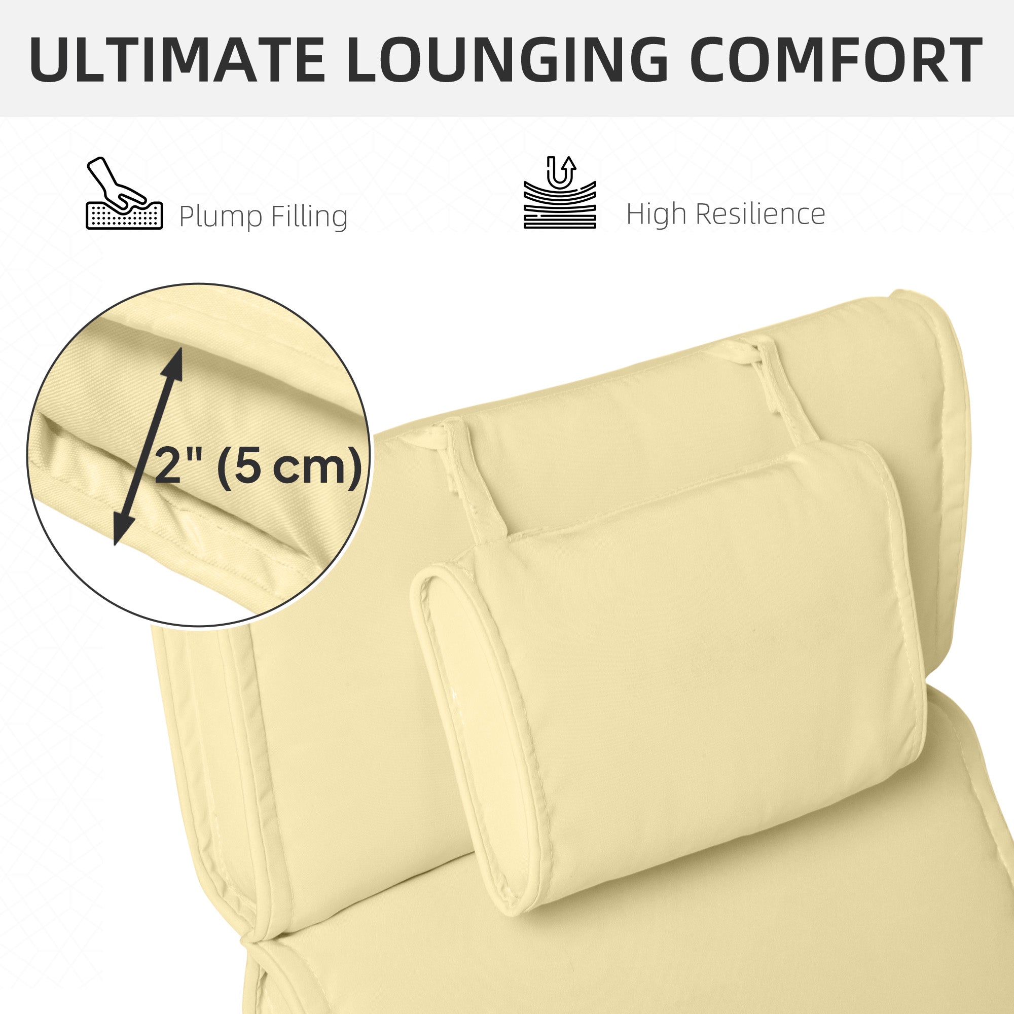 Outsunny Lounger Chair Cushion with Thick Padded, Headrest, Cream White