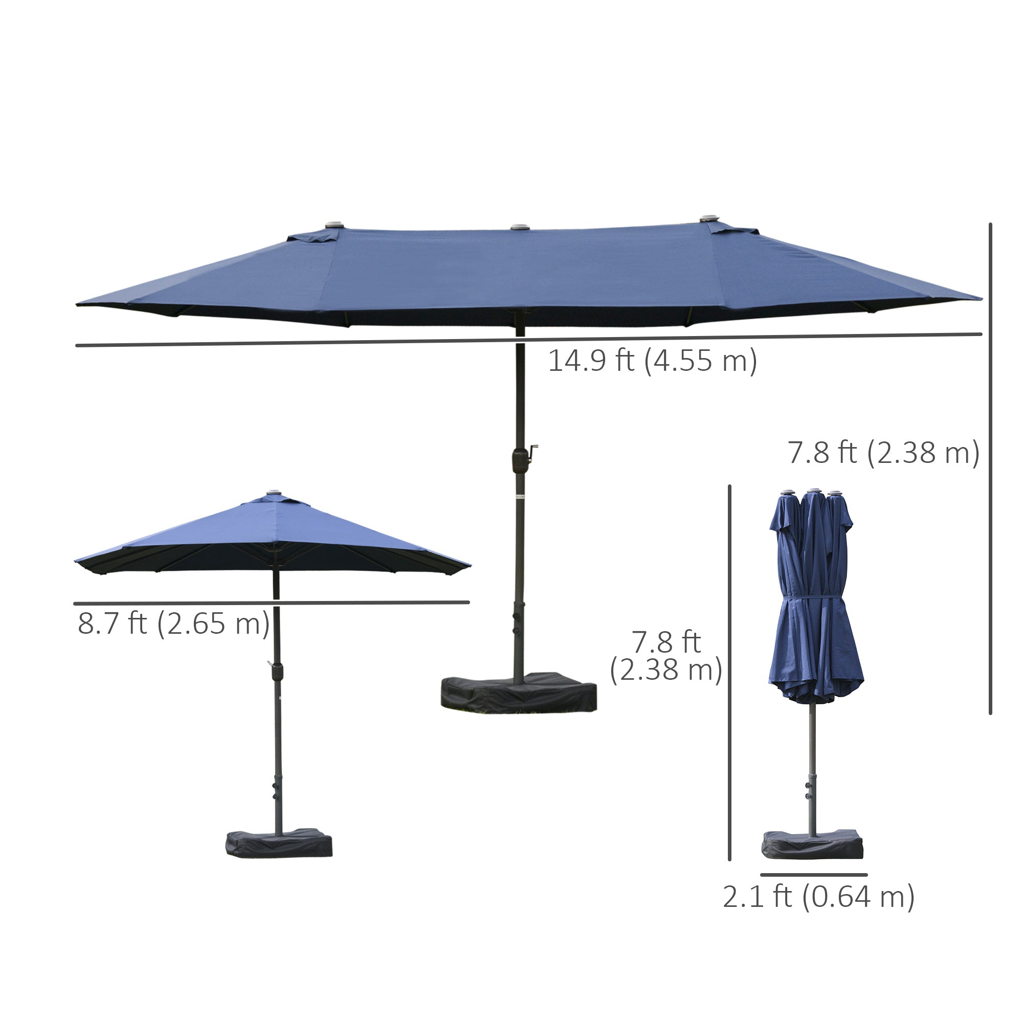 Outsunny Dual Haven Sunshade: 15' Double Canopy Patio Umbrella with Lift Crank, Cross Base Dark Blue