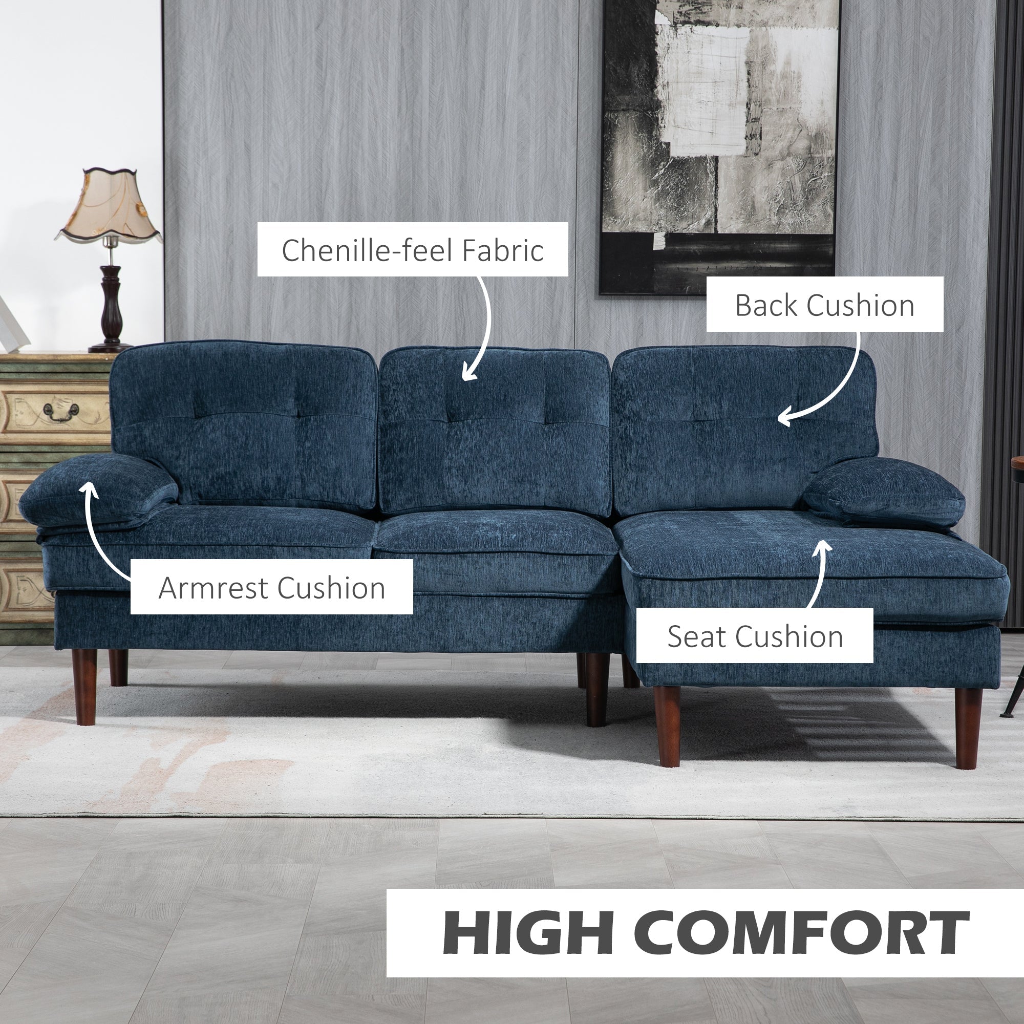 HOMCOM Modern Corner Couch with Right Chaise Lounge, Tufted 3-Seater Sofa with Wooden Legs for Living Room, Bedroom, Navy Blue
