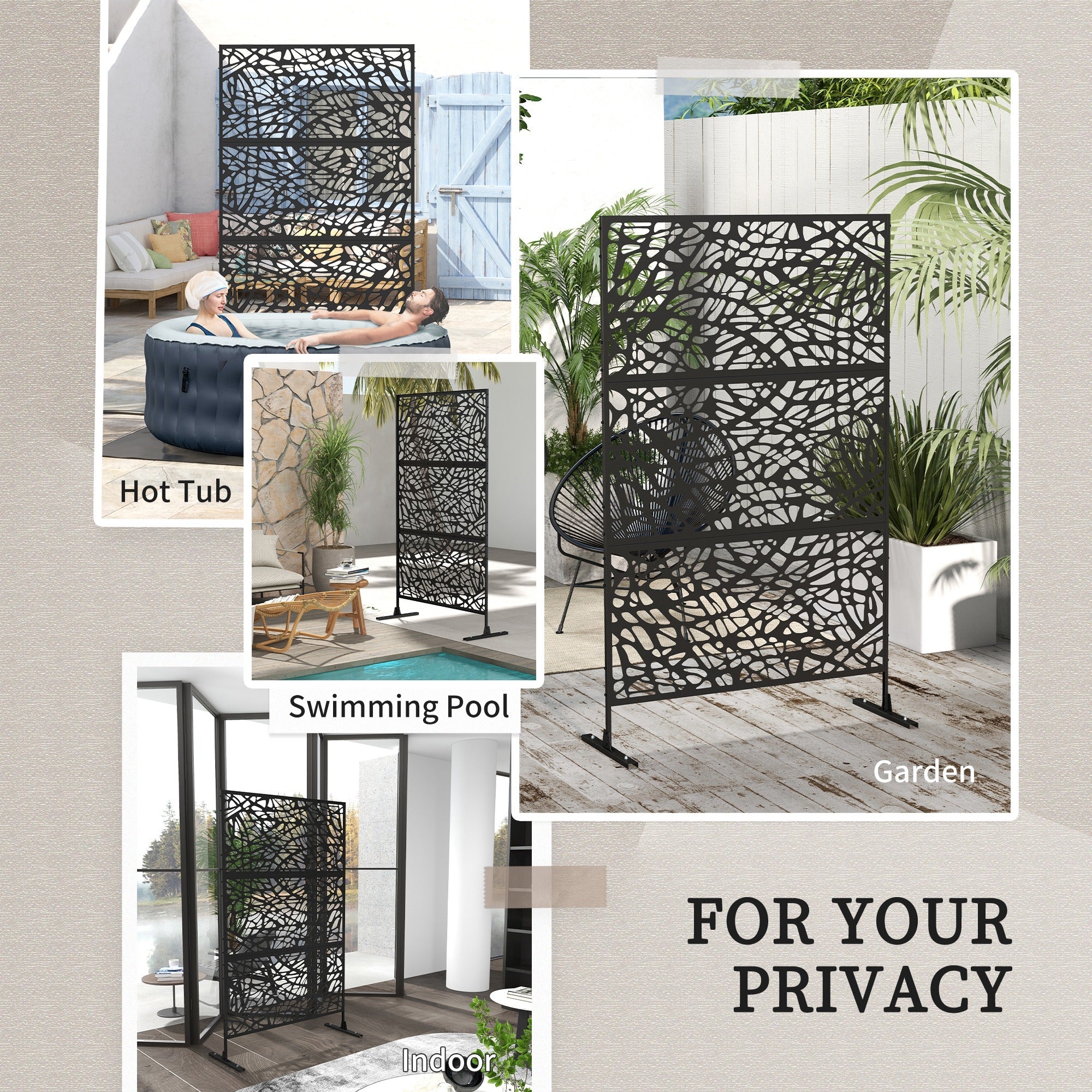 Outsunny 6.5FT Metal Outdoor Privacy Screen Divider with Stand Twisted Line Design Black