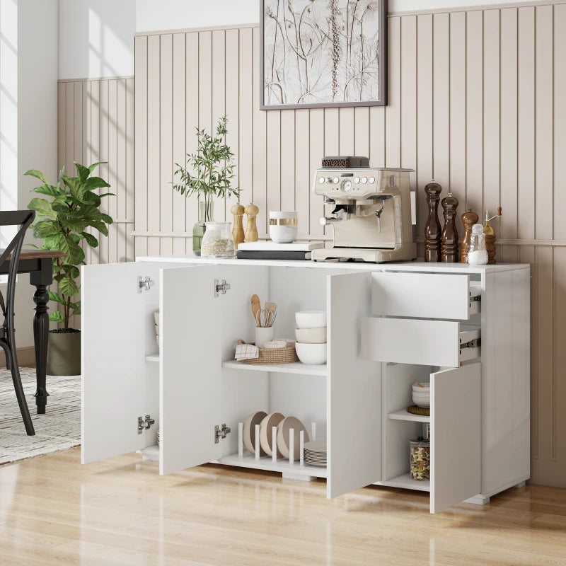 Kitchen Sideboard Storage Cabinet, Modern Coffee Bar Cabinet with Push-Open Design and 2 Drawers, Adjustable Shelving for Living Room, White