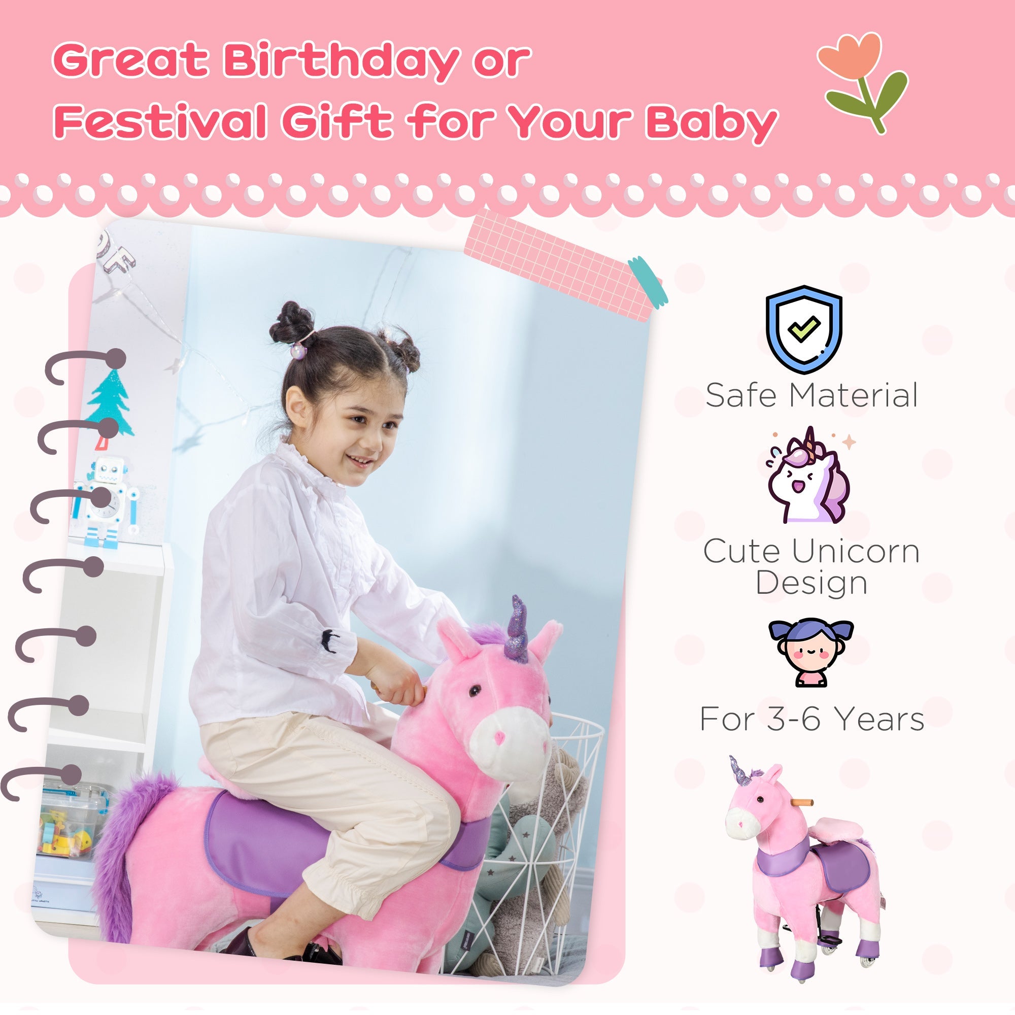 Qaba Pink Unicorn Walking Horse - Mechanical Ride On Pony Toy with Wheels, Ideal Gift for 3-6 Years, Girls & Boys