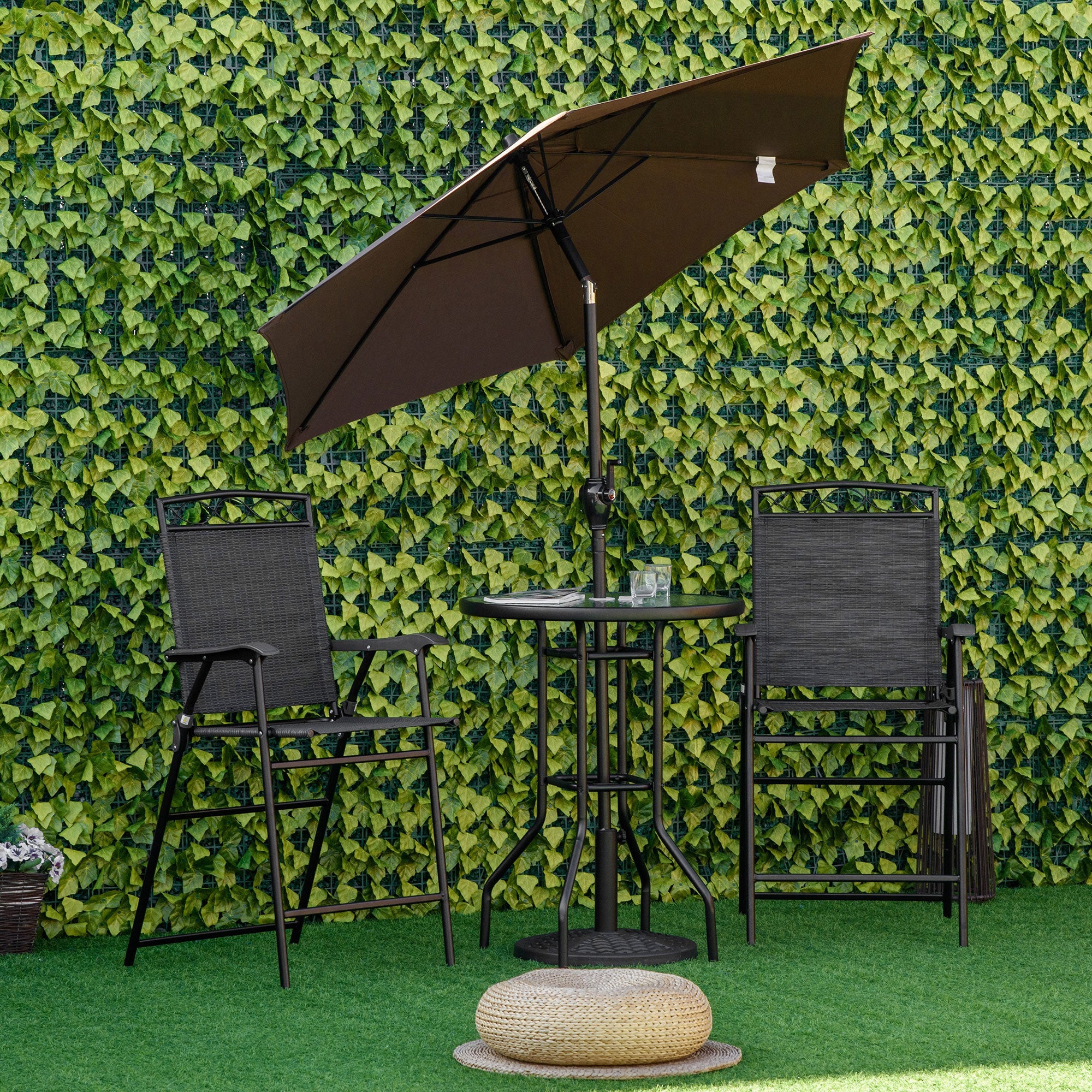 Outsunny 4 Piece Patio Bar Set, Sling Folding Outdoor Furniture with Umbrella for Poolside, Backyard and Garden, Black