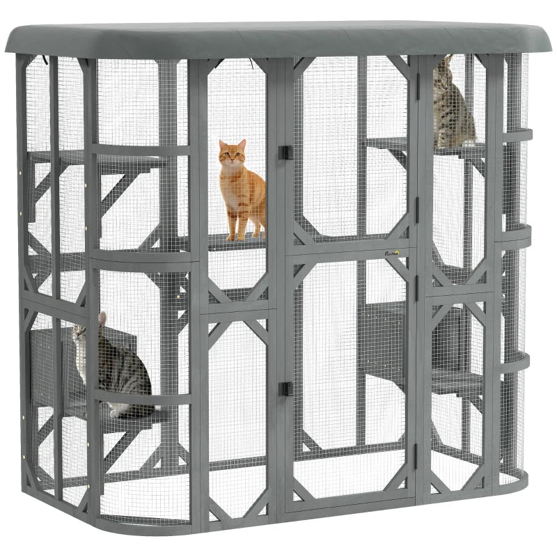 Catio Outdoor Cat Enclosure, 71" Wooden Cat House with Platforms, Condos and Waterproof Cover for 2–3 Kittens, Grey