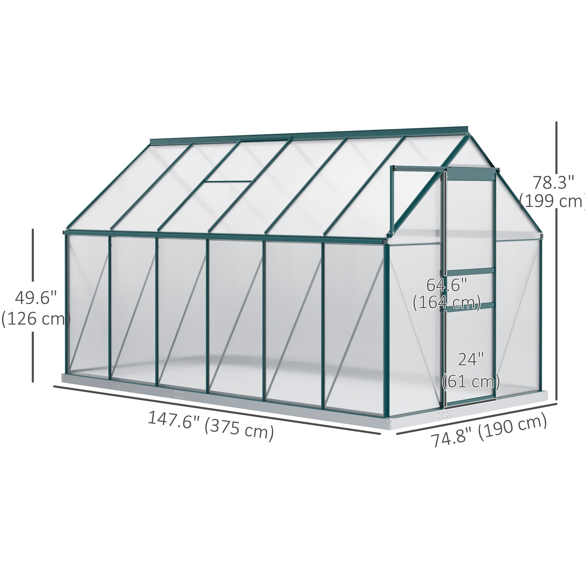 Outsunny 6' x 12' x 6.5' Polycarbonate Greenhouse, Walk-in Green House with Adjustable Roof Vent Galvanized Base Sliding Door Rain Gutter for Outdoor Garden Backyard, Green