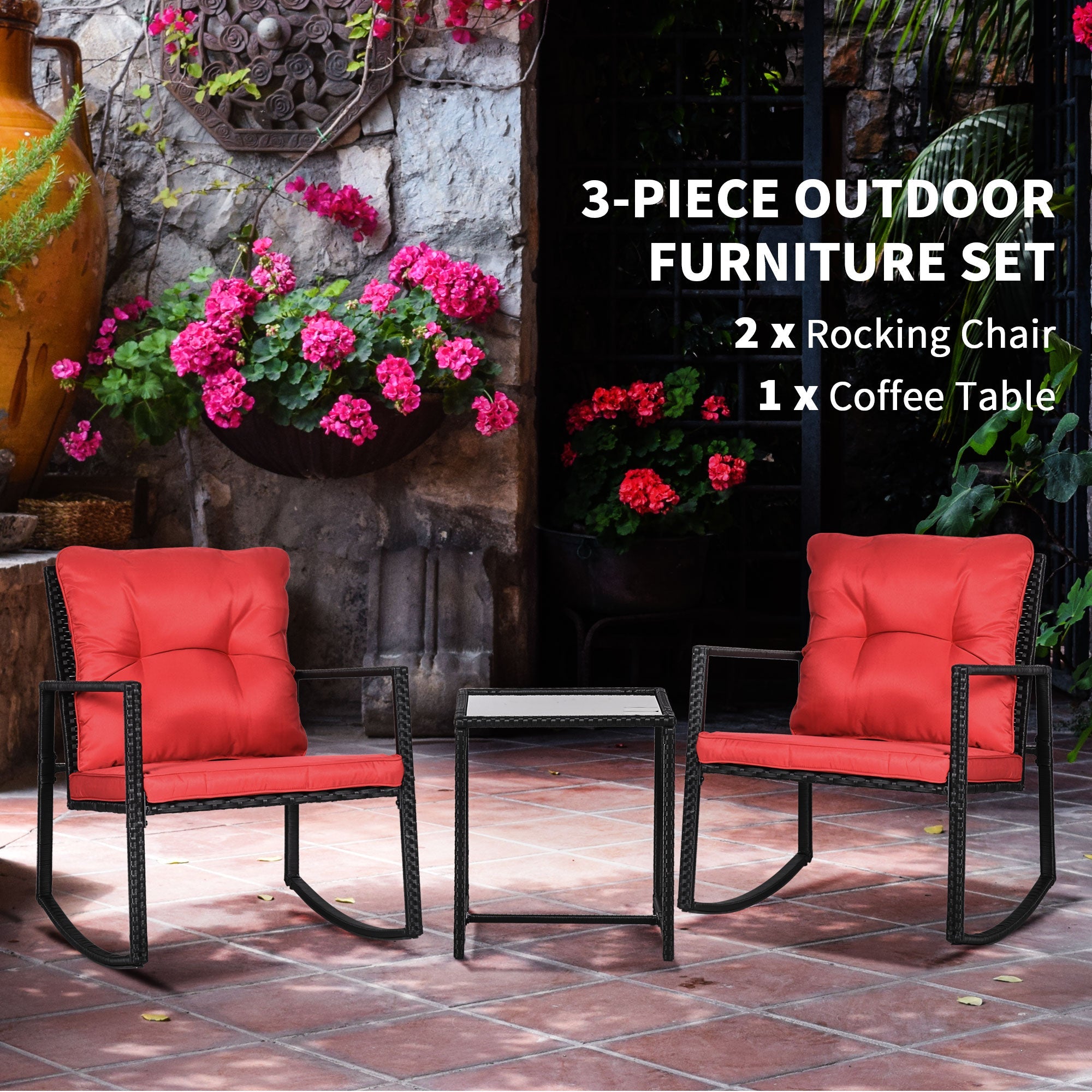 Outsunny 3 Pieces Rocking Bistro Set, Outdoor Wicker Patio Furniture with Glass Coffee Table and Outside Rocking Chairs for Porch