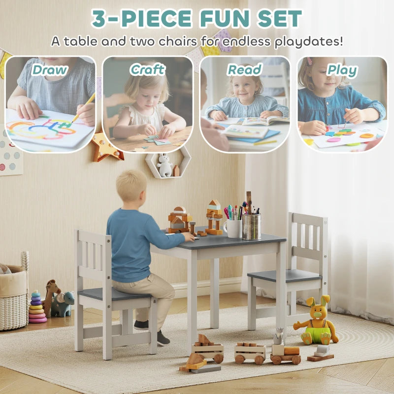 Qaba Kids Table and Chairs Set, Toddler Table and 2 Chair Set for Activity, Art, Craft, Reading, Learning, Grey