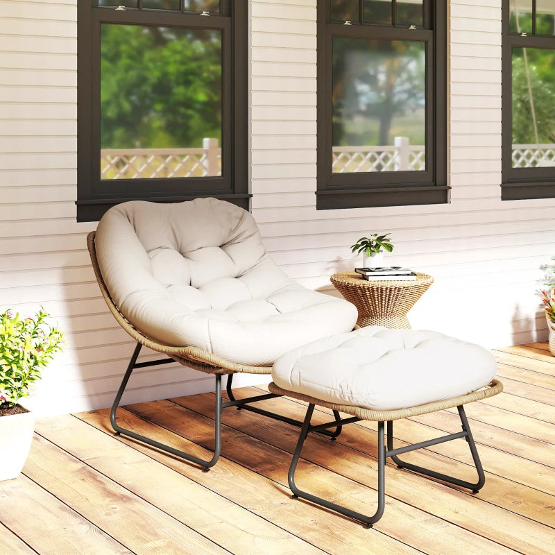 Rattan Chair w/ Stool, Cushion, Adjustable Foot Pads, Natural