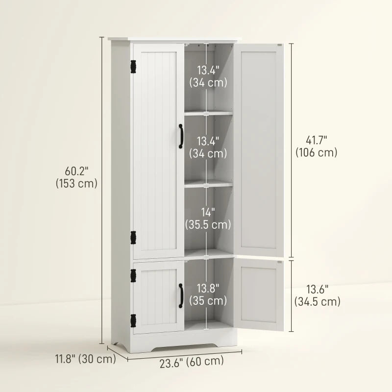 60" 4-Door Storage Cabinet Multi-Storey Large Space Pantry with Adjustable Shelves White