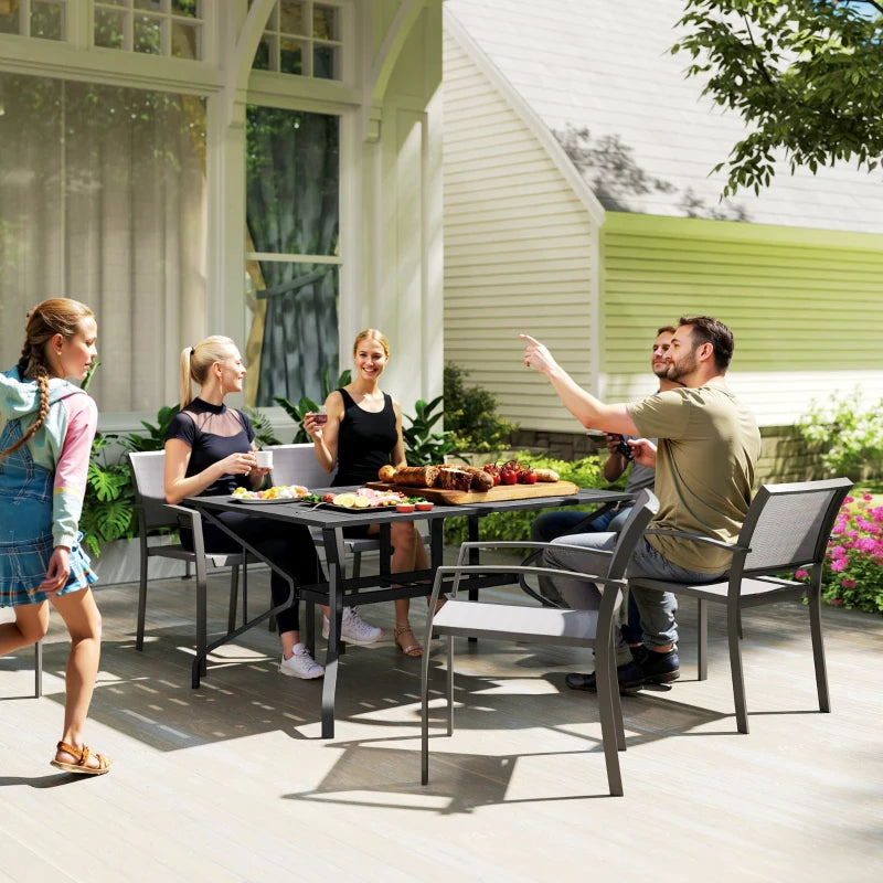 Rectangle Patio Dining Table with Umbrella Hole, Outdoor Dining Table for 6 with Steel Frame for Garden, Balcony, Black