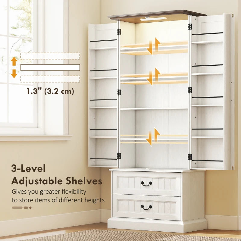72" LED Kitchen Pantry Cabinet, Buffet Storage Cabinet with 10 Door Shelves, 2 Drawers and Adjustable Shelves, White