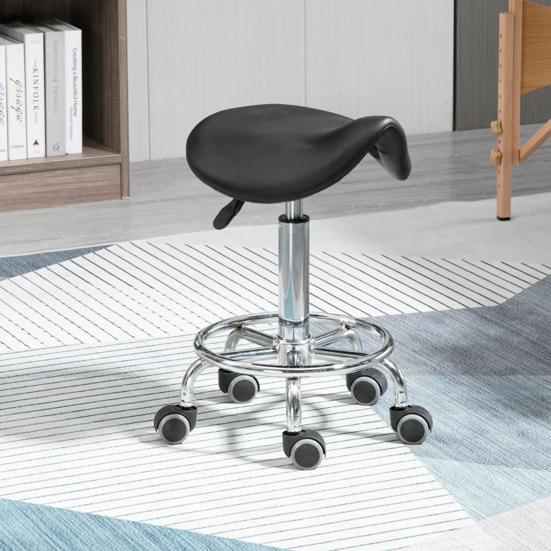 Saddle Stool, PU Leather Adjustable Rolling Salon Chair for Massage, Spa, Clinic, Beauty and Tattoo, Black
