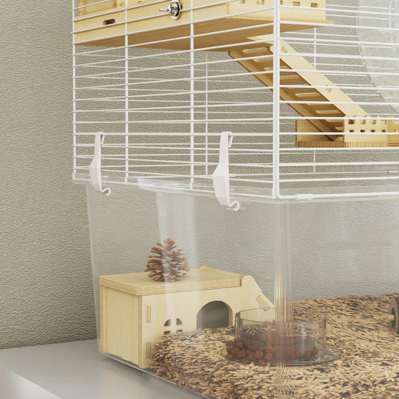 Hamster Cage with Deep Bottom, Wooden Ramp, Hut, Bathroom and Exercise Wheel for Hamster and Gerbil, White