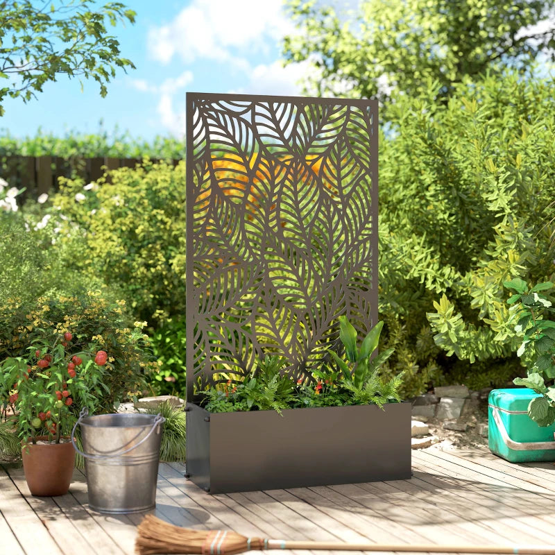 Metal Planter Box with Trellis, 44.5" Raised Garden Bed with Trellis Privacy Screen for Climbing Plants, Leaves Cut-Out