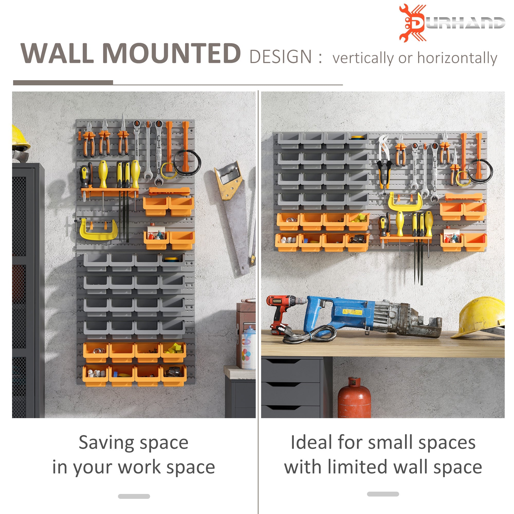 DURHAND Wall-Mounted Organization Marvel: 44PC Storage Rack with Bins, Pegboard Hooks, Organizer for Garage, Orange Finish
