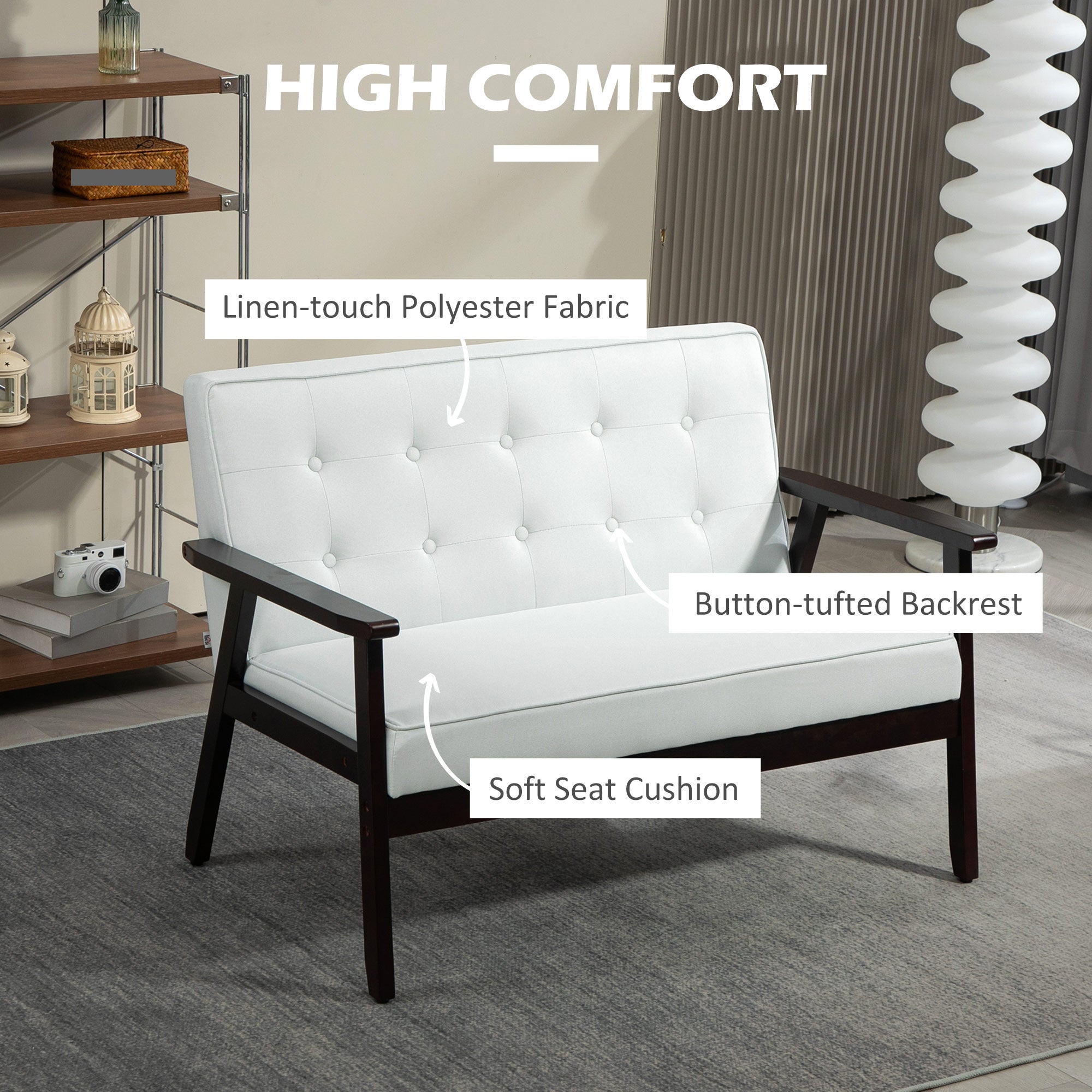 HOMCOM 44.5" 2 Seat Sofa for Bedroom, Modern Upholstered Loveseat with Button Tufted Back and Wood Legs, Cream White