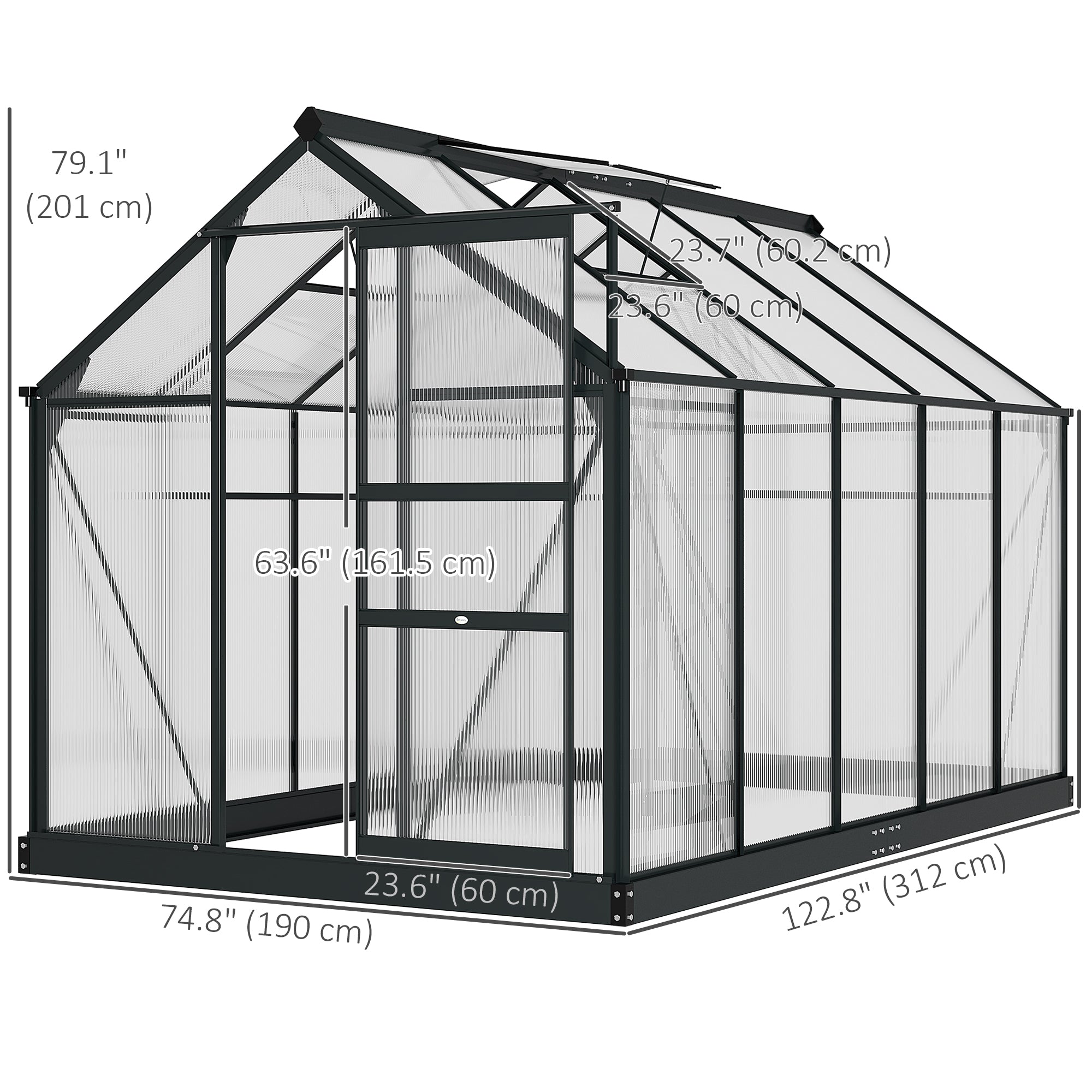 Outsunny 6' x 10' x 6.6' Polycarbonate Greenhouse, Walk-In Green House Kit Garden, Plants Grow, Galvanized Sheet Aluminum Frame with Rain Gutter, Vents and Sliding Door, Grey