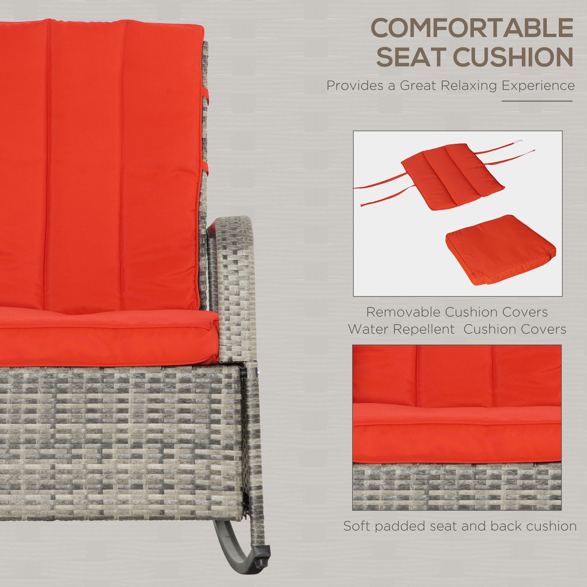 Outsunny Wicker Rocking Chair Outdoor Sofa Glider Rocker Patio Rattan Recliner Furniture with Soft Cushion, Adjustable Footrest, Red