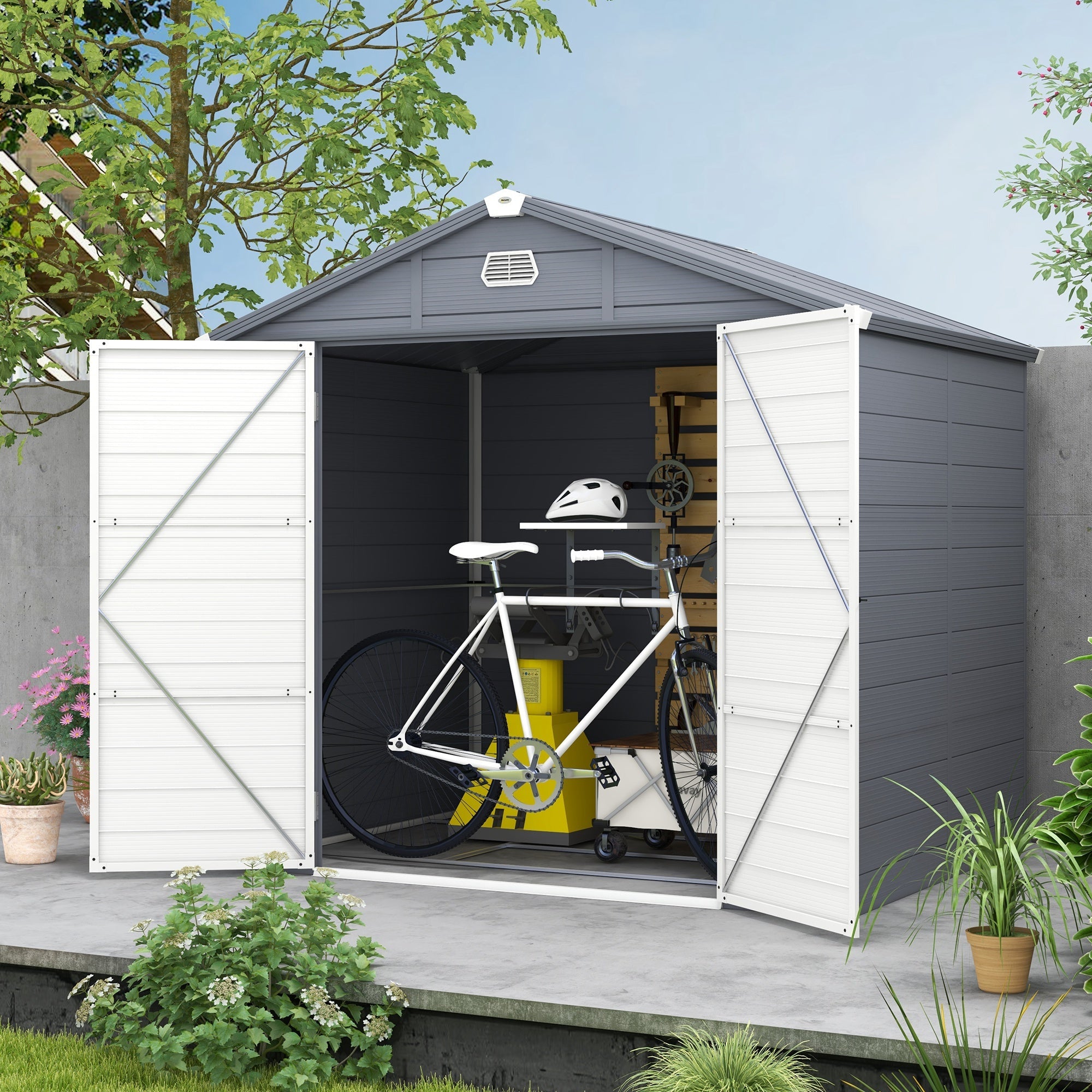 Outsunny 8' x 6' Plastic Garden Storage Shed with Latch Door, Vents, Sloped Roof, Dark Grey
