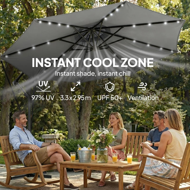 9.7ft Solar LED Cantilever Patio Umbrella with 32 LED Lights, Cross Base, Crank Handle, for Poolside, Deck, Dark Grey
