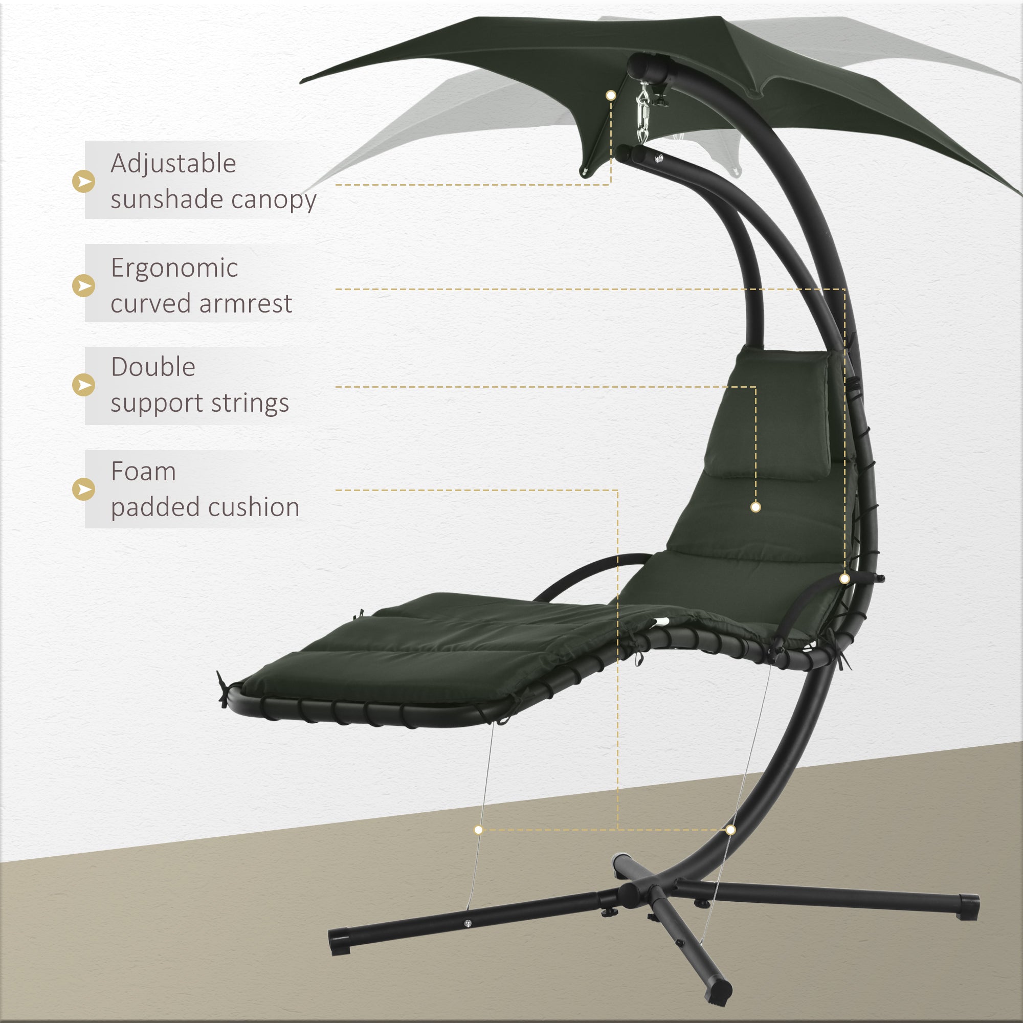 Outsunny Floating Chaise Lounge Outdoor Swing Chair Hammock with Stand Canopy Charcoal Grey