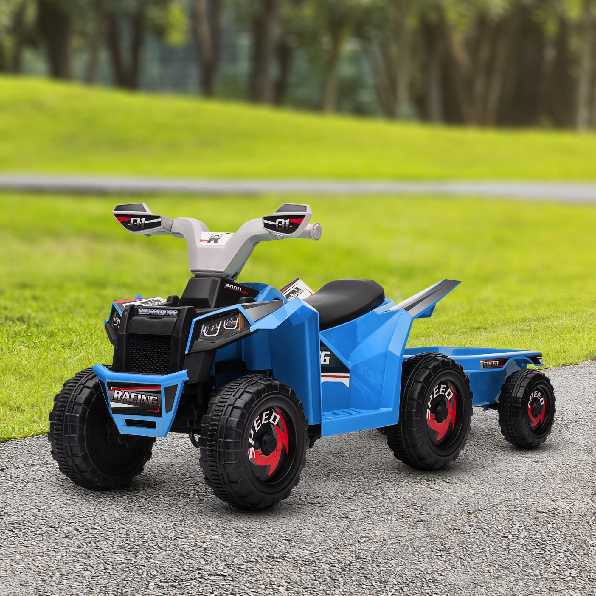 Aosom 6V Kids ATV Quad Battery Powered Electric Vehicle Back Trailer Wear-resistant Wheels Boys Girls Blue Toy
